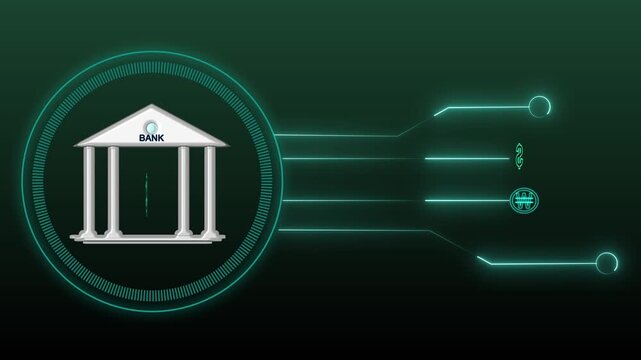 Digital bank building with lines connecting to currency. Corporate digital bank building with lines for electronic wire transfers tracking logs. Fintech bank network chart.