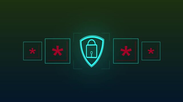 Digital security shield with padlock and asterisk icons. Secure digital security shield with padlock for user account password verification. Cyber data safety shield.