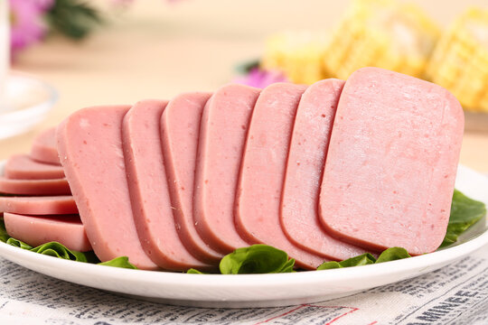 Sliced Pork Luncheon Meat on Plate with Vegetables