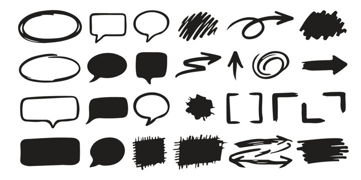 Set of hand drawn sketch elements including speech bubbles arrows frames and scribble marks