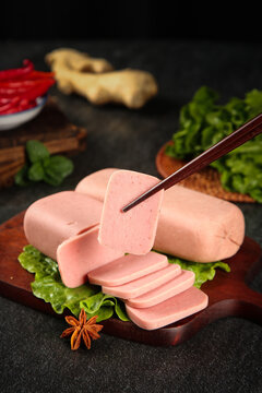 Sliced Pork Luncheon Meat with Fresh Vegetables and Chopsticks