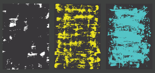 Fototapeta premium A triptych of abstract flat vector illustrations showcasing dynamic brushstroke patterns in grayscale, yellow, and cyan hues on black backgrounds.