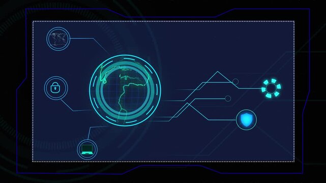 Futuristic digital interface with global map and metrics. Advanced futuristic digital interface with global map for network monitoring screens. Tech interface layout dashboard.