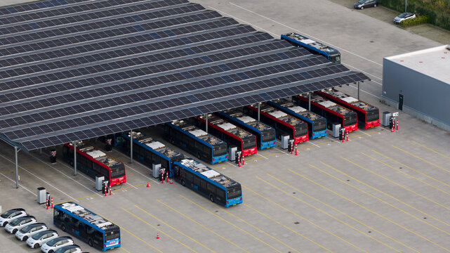 Purmerend, Netherlands - 15 June 2026: Aerial drone view of the EBS charging hub in Purmerend, zero emission buses, sustainable public transport infrastructure.
