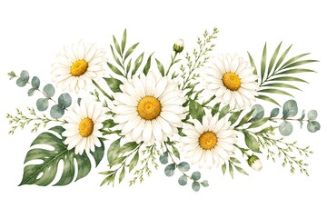 Fototapeta premium Watercolor of daisy flowers with tropical monstera palm spring floral green leaves isolated on transparent png background, bouquets greeting or wedding card decoration, with Generative AI