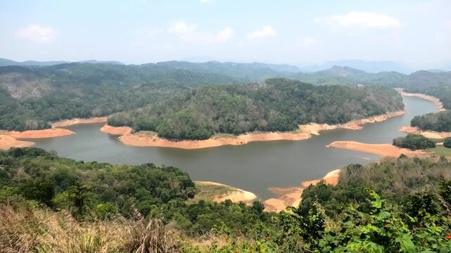 Wide landscape including the reservoir (Panniyar River) of Ponmudi Dam in Idukki district of Kerala, India