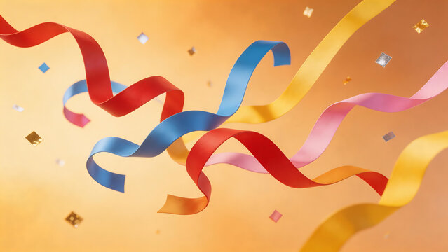 Colorful ribbons and confetti in motion