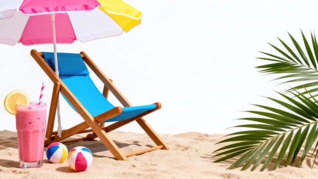 Beach chair umbrella and drink on sand