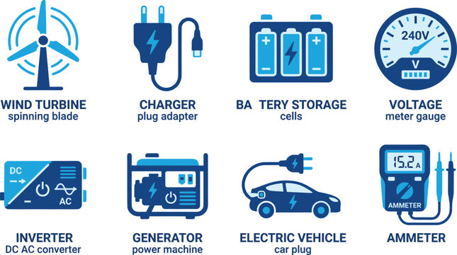 Sustainable technology icons including electric vehicle charger wind power turbine and digital ammeter tool.