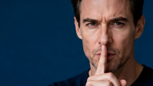 Man with finger on lips against blue background