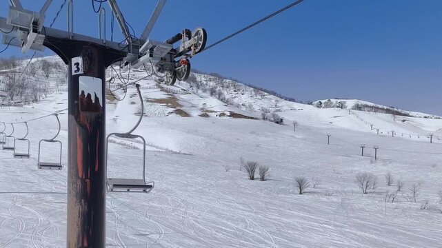 View from a chairlift over ski slopes at Hakuba Norikura Onsen Ski Resort in Nagano, Japan