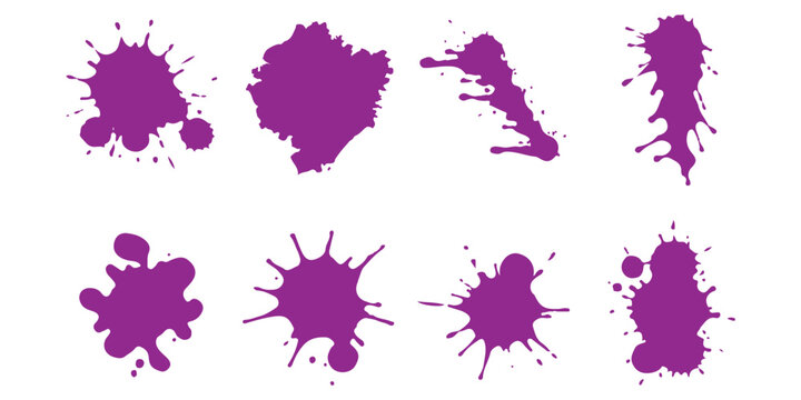 Set of purple paint splatters and ink splashes with artistic drips for creative design projects