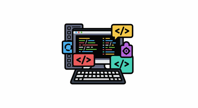 A computer monitor and keyboard with coding symbols on screen