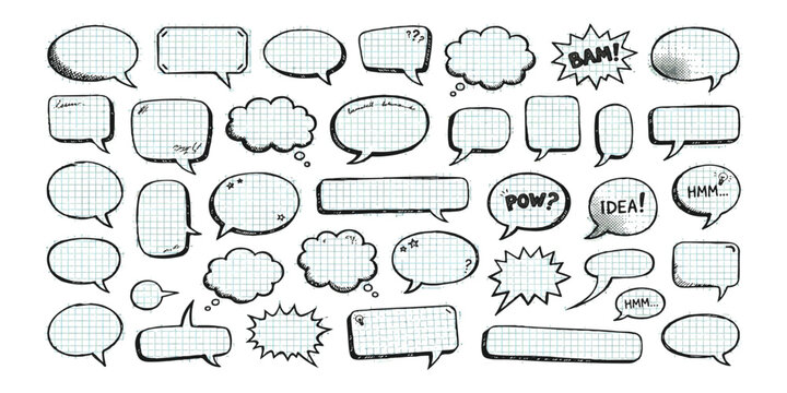 Set of hand drawn comic speech bubbles and thought clouds with doodle style lines