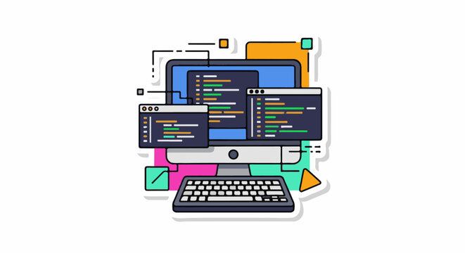 Colorful illustration of computer with two screens and keyboard