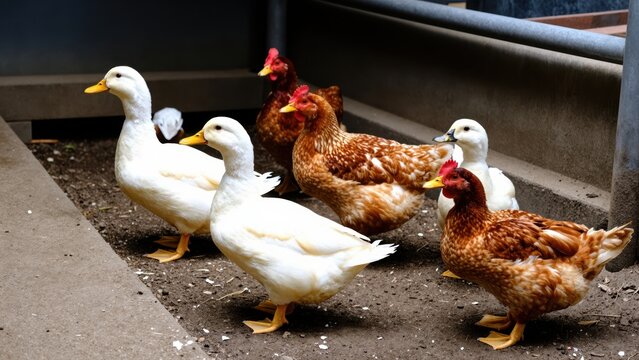 A Flock of Ducks and Chickens Together: A group of domestic fowl, including white ducks and brown chickens, stand together on a dirt ground with some scattered feed.