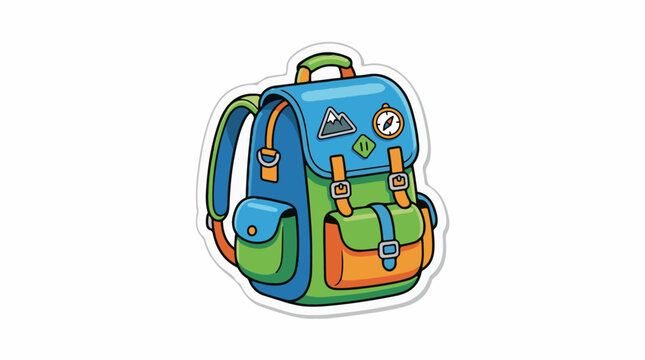A colorful backpack with blue, green, orange, and yellow accents and a compass