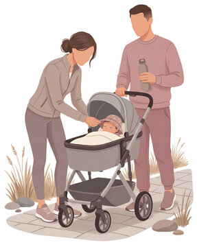 Simple Minimalist Illustration of parents with baby in stroller