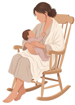 Simple Minimalist Illustration of woman with her baby on rocking chair
