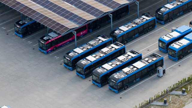 Purmerend, Netherlands - 15 June 2026: Aerial drone view of the EBS charging hub in Purmerend, zero emission buses, sustainable public transport infrastructure.