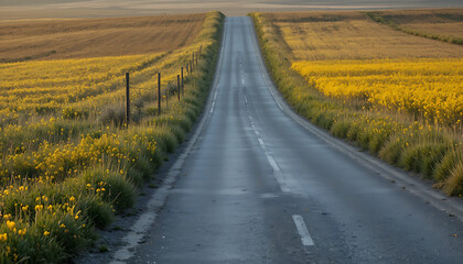 Naklejka premium A long straight road through a field of vibrant yellow flowers on both sides under a serene sky with gentle lighting conditions