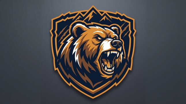 Ferocious grizzly bear head mascot logo design featuring sharp teeth and a dark mountain shield emblem