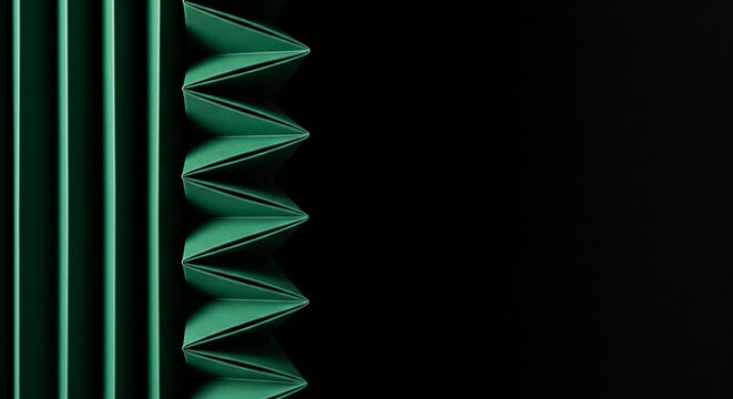Abstract green folded paper texture, a minimalist geometric pattern with sharp creases and parallel lines. Modern graphic resource for backgrounds and design elements.
