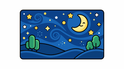 Fototapeta premium A whimsical nighttime scene with a smiling crescent moon and stars