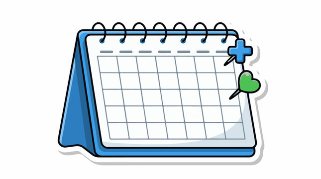 A blue desktop calendar with a grid layout and a green heart and blue plus sign