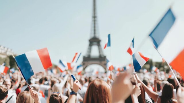 Crowd celebrates in Paris with French flags in front of Eiffel tower on national day