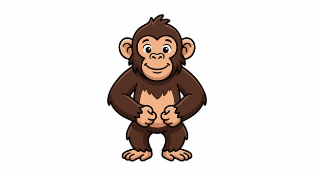 A cartoon monkey with brown fur stands on two legs with hands clasped