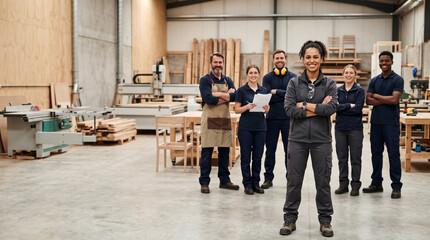 Obraz premium Diverse furniture manufacturing team standing in modern woodworking factory, led by female production supervisor, with carpenters, designers, and factory staff in production environment.