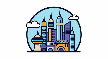 Fototapeta premium Colorful cityscape with skyscrapers and clouds in a circular frame
