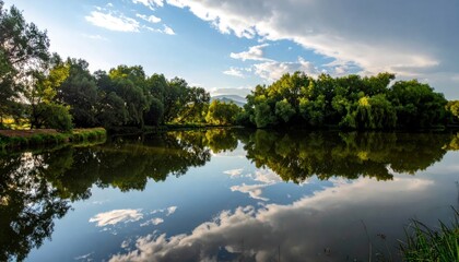 Obraz premium Calm water reflects trees & sky with clouds, mountains in background, peaceful natural scene