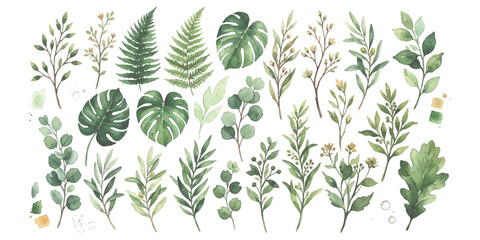 Set of hand drawn watercolor leaves branches and tropical plants in green and grey colors ©  creative  marlia