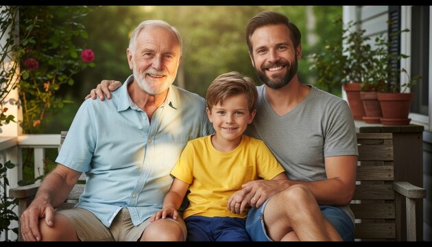 Happy Three Generation Family Portrait on Garden Porch
