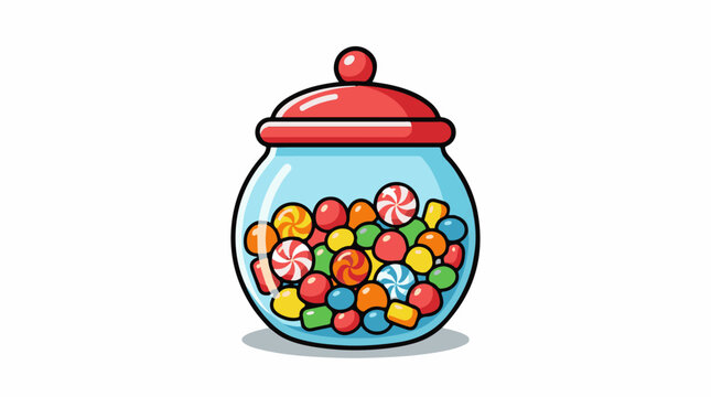 A light blue jar with a red lid filled with colorful candies