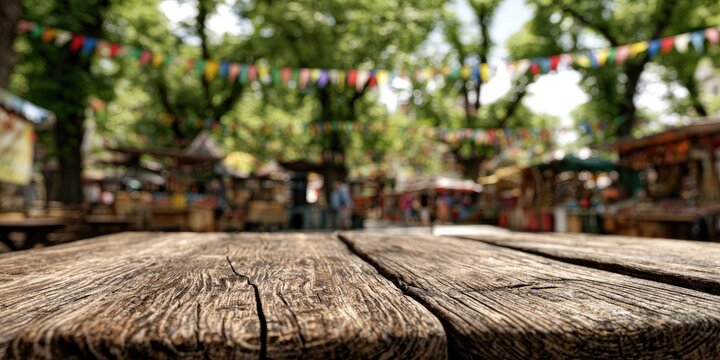 Rustic wooden table foreground with blurred market stalls and colorful flags overhead