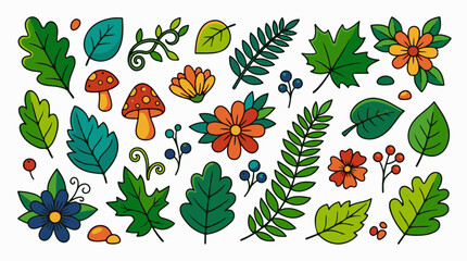 Fototapeta premium A collection of cartoon leaves, flowers, mushrooms, and berries in various colors