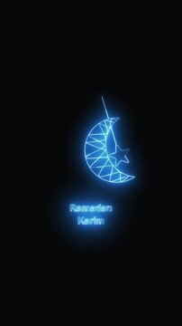 Ramadan karim animation with blue neon. Ramadan karim moon and star symbol. Ramadan karim digital religious holiday graphic on black background.