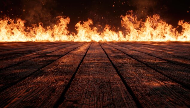 Fiery flames engulf a dark wooden floor, casting an ominous glow