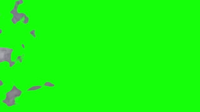Vibrant green screen with scattered grey shapes and holes visible