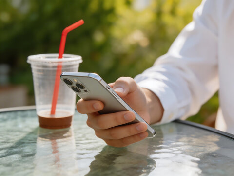 Person using phone with drink outdoors
