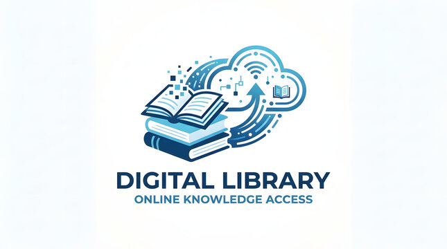 Digital library logo with book and cloud design