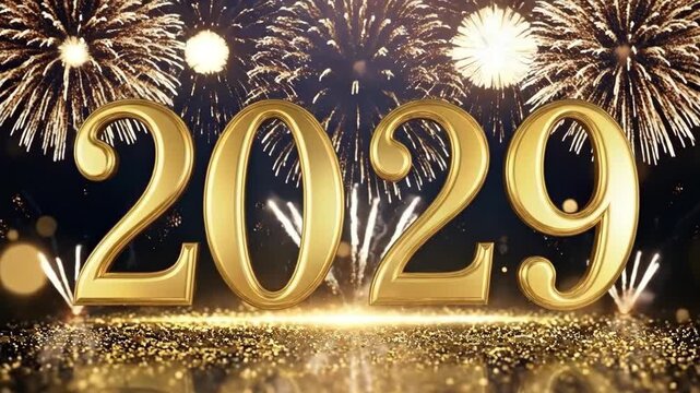 Happy New Year 2029 golden numbers with fireworks celebration background. Festive holiday greeting, midnight party countdown, and luxury gold glitter bokeh concept.