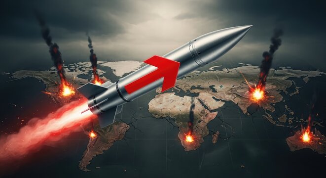 Intercontinental ballistic missile flying over map with fire explosions.
