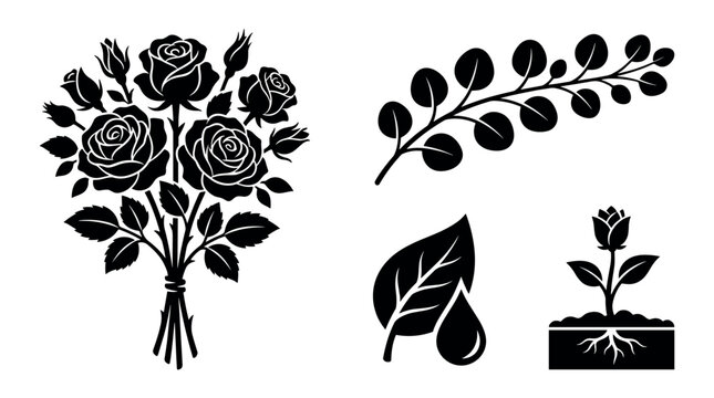 A collection of black vector silhouettes featuring a beautiful rose bouquet, an elegant eucalyptus branch, a single leaf with a water drop, and a small rose plant with roots.