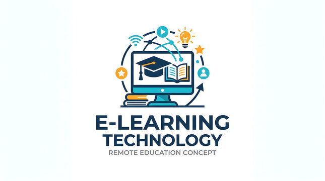 E-learning technology logo concept with computer and education symbols