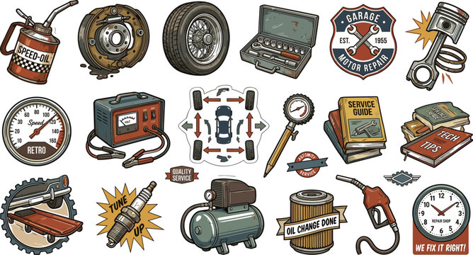 Vintage car garage service vector sticker set featuring auto tools motor oil tire piston air compressor and alignment emblems.