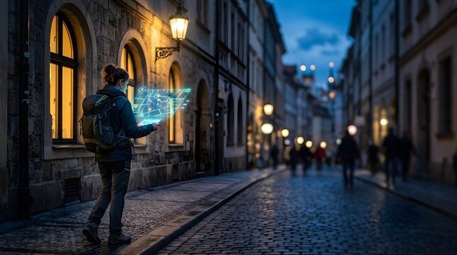 Traveler using digital augmented reality map on tablet in old city street